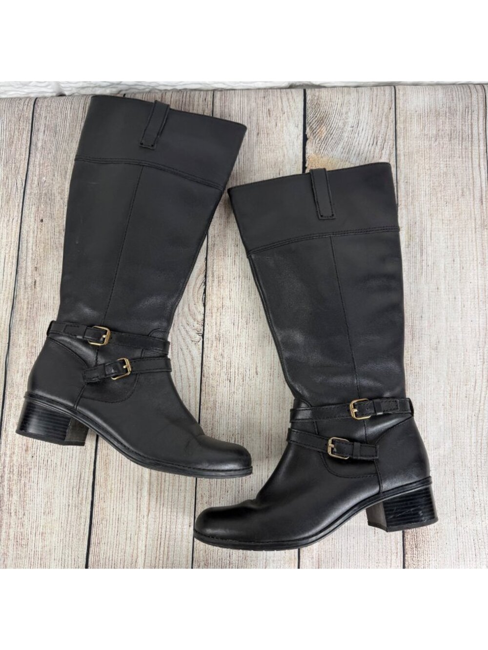 Bandolino Carlotta Knee High Riding Boots Double Ankle Buckle Block Heel Sz 7.5M